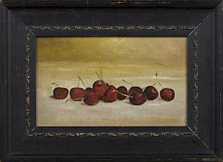 American School, "Handful of Cherries," 19th c., oil on mahogany cigar box lid, presented in a wide ebonized frame, H.- 4 7/8