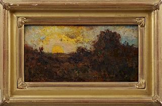Continental School, "Impressionist Sunset Landcape," 20th c., oil on board, presented in a gilt and gesso frame, H.- 4 3/4 in