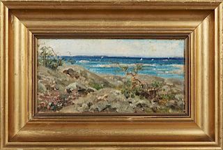 American School, "Coastal Landscape," 19th c., oil on board, presented in a gilt frame, H.- 4 1/8 in., W.- 8 in. Provenance: 