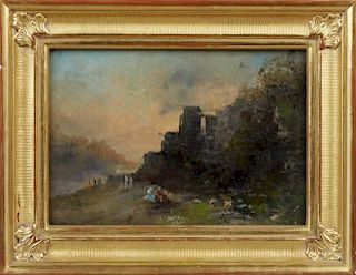 Continental School, "Picnic by the Ruins," 19th c., oil on panel, presented in a gilt and gesso frame, H.- 6 3/4 in., W.- 10 