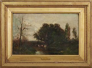 American School, "The Ford," 19th c., oil on canvas, presented in a gilt frame, H.- 5 5/8 in., W.- 9 1/8 in. Provenance: Priv
