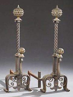 Unusual Pair of Large Bronze and Cast Iron Scottish Andirons, late 19th c., with bronze mace form spiked finials, atop twiste