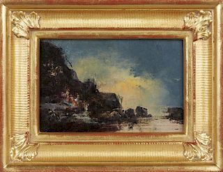 Continental School, "Rocky Coast at Night," 19th c., oil on panel, presented in a gilt frame, H.- 4 1/2 in., W.- 6 7/8 in. Pr