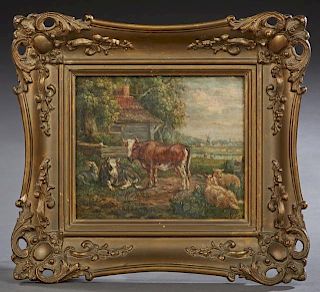 Dutch School, "Cattle and Farmhouse," 19th c., oil on panel, presented in a gilt and gesso frame, H.- 6 1/2 in., W.- 7 3/4 in