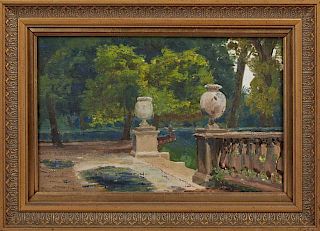 Continental School, "Luxembourg Gardens," 19th c., oil on board, presented in a gilt relief frame, H.- 6 in., W.- 9 1/2 in. P