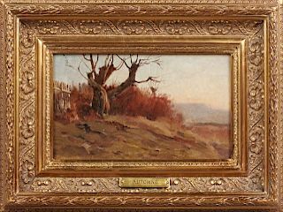 Continental School, "Autumn," 19th c., oil on board, presented in a period gilt and gesso frame, H.- 5 in., W.- 8 3/4 in. Pro