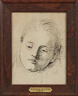 Eugene Whitney, "Portrait of a Lady," 1878, ink, signed lower right, presented in a mahogany frame, H.- 7 1/2 in., W.- 5 1/2 