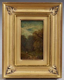 Continental School, "Figure on a Path Through the Woods," 19th c., oil on panel, presented in a gilt and gesso frame, H.- 5 1