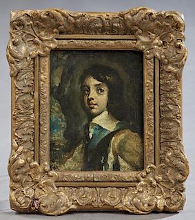 British School, "Portrait of a Young Boy," 19th c., oil on board, signed in monogram "TB" lower left, presented in a period g