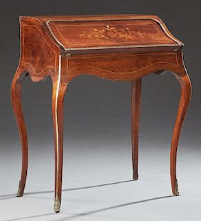 French Louis XV Style Ormolu Mounted Marquetry Inlaid Carved Rosewood Bombe Slant Front Secretary, early 20th c., the slant l