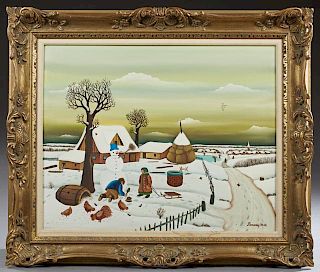 Branko Paradis (1942-, Croatian), "Winter Snow Scene," 1978, oil on canvas, signed and dated lower right, presented in a carv
