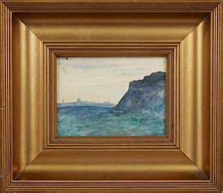 Scottish School, "Rocky Coastline," early 20th c., watercolor, presented in a gilt frame, H.- 3 1/2 in., W.- 4 7/8 in. Proven