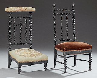 Two French Bobbin Turned Ebonized Beech Chairs, 19th c., one a Prie Dieu with a rounded upholstered armrest over a bobbin tur