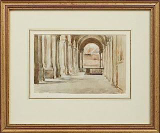 Continental School, "Portico of a Building," early 20th c., watercolor, presented in a gilt frame, H.- 6 in., W.- 8 1/4 in. P