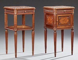 Pair of French Louis XVI Style Carved Beech Marble Nightstand, 20th c., each with an inset highly figured ocher and violette 