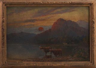 American School, "Cows Watering," 20th c., oil on masonite, presented in a gilt frame, H.- 7 3/4 in., W.- 11 1/4 in. Provenan