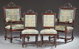 French Four Piece Louis XIII Style Carved Walnut Parlor Suite, 19th c., consisting of two fauteuils and two side chairs, each