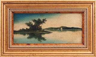 American School, "Lake Scene," 19th c., oil on board, presented in a gilt frame with a burled liner, H.- 5 1/8 in., W.- 11 1/