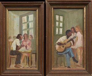 Mjull Movai, "The Guitar Player," and, "French Quarter Bar," 1972, two oils on masonite, signed, presented in mahogany frames