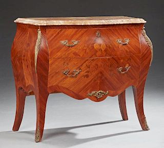 Diminutive French Louis XV Style Ormolu Mounted Inlaid Carved Kingwood Bombe Marble Top Commode, early 20th c., the stepped h