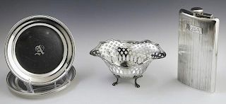 Group of Five Pieces of Sterling, consisting of three bread plates by Whiting, #3337; a hip flask by Webster; and a reticulat