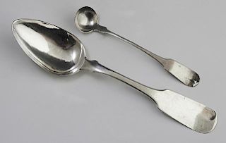 Two Pieces of Tyler and Jacks Coin Silver, 19th c., consisting of a fiddleback soup spoon and a fiddleback mustard spoon, Wt.