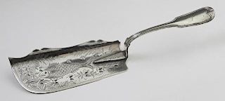 Hyde and Goodrich Coin Silver Fish Slice, 19th c., with a fiddle thread handle and a pierced slice with incised fish and flor