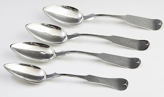Four Memphis Coin Silver Spoons, 19th c., consisting of a fiddleback soup spoon by Clark; and three fiddleback soup spoons by