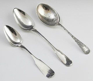 Three Pieces of Sterling Silver, 19th c., consisting of a pea serving spoon made by Galt Bros, for Whiting; a fiddlethread st