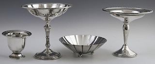 Four Pieces of Sterling, 20th c., consisting of a Tiffany and Co. fluted sweetmeats bowl, #22673; a weighted compote by M. Fr