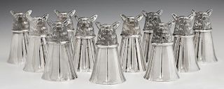 Set of Eleven Silverplated Fox Head Stirrup Cups, 20th c., the head serving as feet to rest the cup on a table, H.- 5 1/4 in.