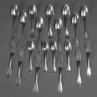 Group of Nineteen Pieces of Fiddlethread Sterling Silver, 19th c., New Orleans, consisting of six soup spoons and six forks, 