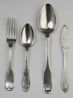 Group of Four Pieces of New Orleans Coin Silver, 19th c., consisting of a tablespoon by Anthony Rasch; a butter knife by Hend