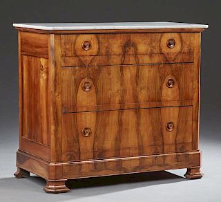 French Louis Philippe Marble Top Canted Corner Walnut Commode, 19th c., the highly figured white marble over a frieze drawer 