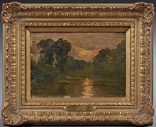 French School, "Soleil Couchant," 19th c., oil on board, titled verso, signed "SC" lower left, presented in a gilt and gesso 