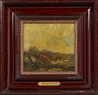 Willem Maris (1844-1910), "Cow Watering," 19th c., oil on panel, signed in monogram lower right, presented in a mahogany fram