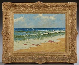 Mabel May Woodward (1877-1945, Rhode Island), "Seascape," 20th c., oil on panel, signed lower right, presented in a gilt and 