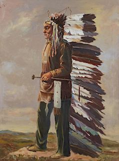 T. McEarney, "Indian in Headdress with Peace Pipe," early 20th c., oil on canvas