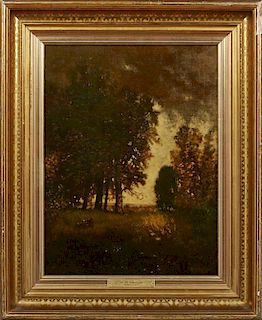 Henry Ward Ranger (1858-1916, Connecticut), "Landscape with Cow," 19th c., oil on canvas, signed lower right, presented in an