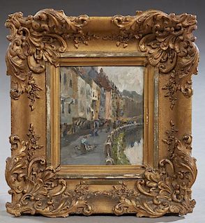 Attr. to Dorothea Sharp (1874-1955), "Coastal Town," 20th c., oil on panel, presented in a gilt and gesso frame, H.- 6 1/2 in
