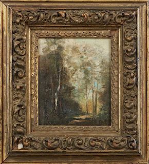 Barbizon School, "Wooded Landscape," 19th c., oil on panel, presented in a period gilt and gesso frame, H.- 6 3/4 in., W.- 5 