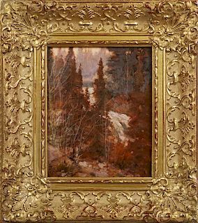 American School, "Forest Landscape," 19th c., oil on panel, signed indistinctly lower left, presented in a period gilt and ge