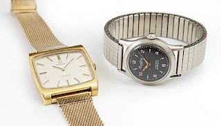 Two Man's Wrist Watches, consisting of an Omega square face example with a metal mesh band; and a Breitling Incapbloc Cadette
