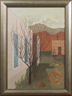 Adalie Brent (1920-1992), "Bare Trees Behind the Buildings," 20th c., oil on panel, signed lower right, presented in a wide g