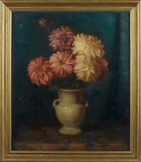 Jacob Binder (1887-1984), "Still Life of Flowers in the Handled Vase," early 20th c., oil on canvas, signed lower right, pres