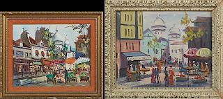 Maurand, "Place du Theatre," 20th c., oil on canvas, signed lower left, presented in a gilt and gesso frame with a velvet lin