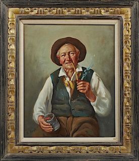 A. Borghi, "Peasant with Pipe and Glass," 20th c., oil on canvas, signed lower left, presented in a carved ebonized and giltw