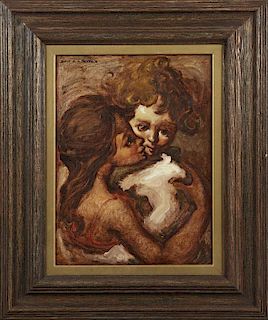 Dulce Beatrix (1931-, Cuban), "Mother and Baby," 20th c., oil on canvas laid to masonite, signed upper left, presented in a s