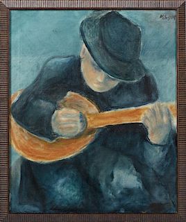 Moses Soyer (1932-2010), "Man with a Guitar," 20th c., oil on canvas, signed upper right, presented in a reeded frame, H.- 27