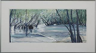 Evelyn Menge (New Orleans), "The Atchafalaya River Batture," watercolor, signed and dated lower right, presented in a metal f